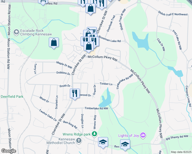 map of restaurants, bars, coffee shops, grocery stores, and more near 3478 Grant Drive in Kennesaw