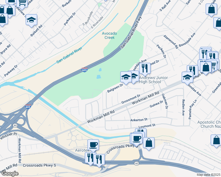 map of restaurants, bars, coffee shops, grocery stores, and more near 1257 Belgreen Drive in Whittier
