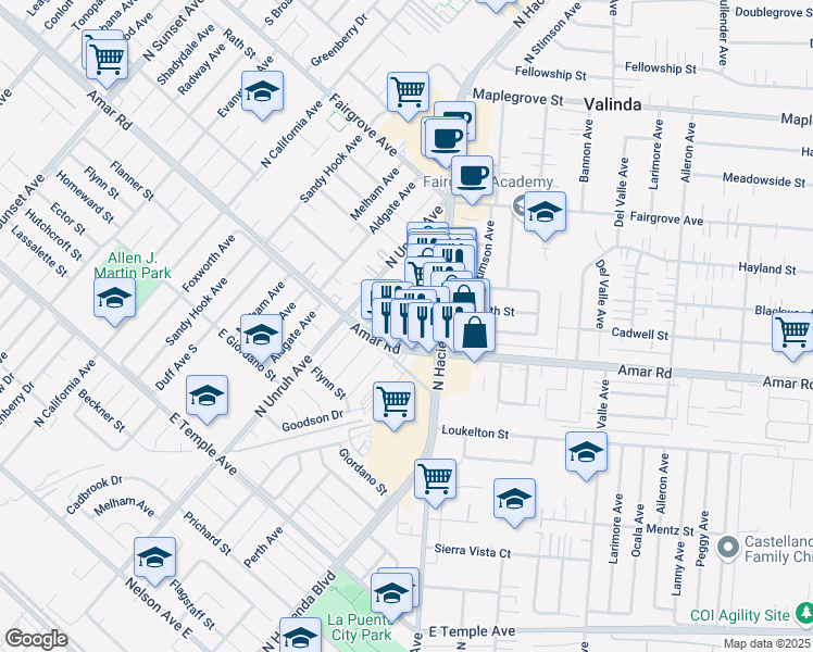 map of restaurants, bars, coffee shops, grocery stores, and more near 1012 Gaylawn Court in La Puente