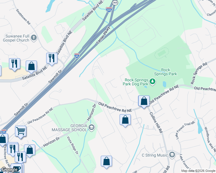 map of restaurants, bars, coffee shops, grocery stores, and more near 3030 Ridge Oak Drive in Suwanee