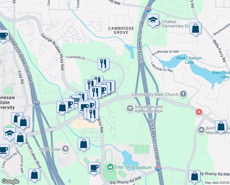 map of restaurants, bars, coffee shops, grocery stores, and more near 3508 Village Park Way in Kennesaw