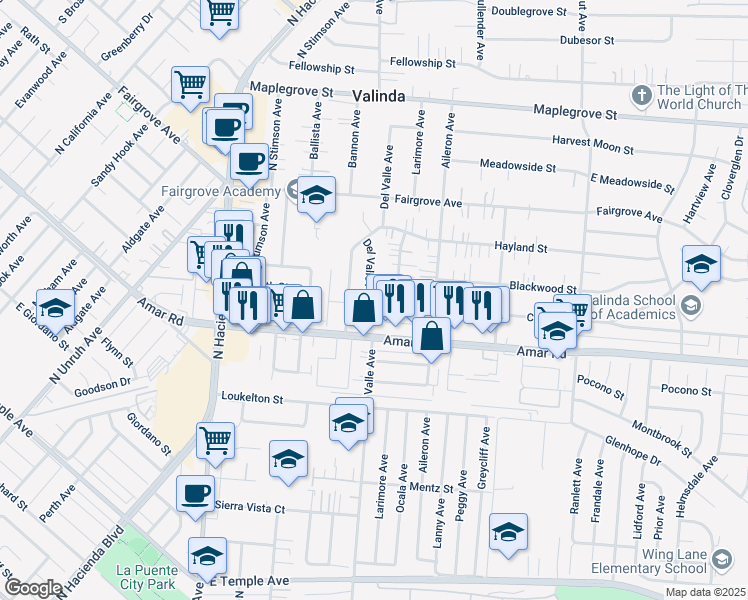 map of restaurants, bars, coffee shops, grocery stores, and more near 1044 Del Valle Avenue in La Puente