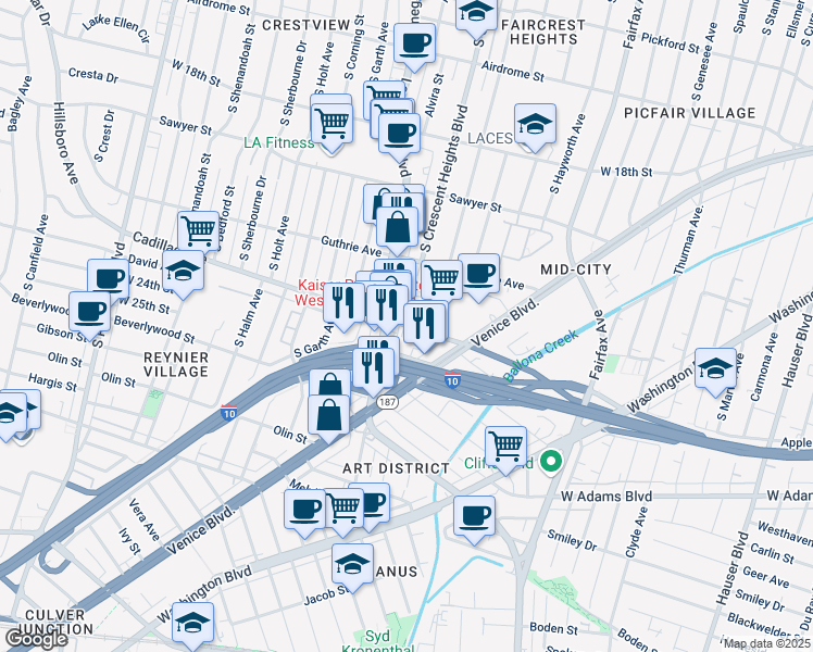 map of restaurants, bars, coffee shops, grocery stores, and more near 6074 Cadillac Avenue in Los Angeles