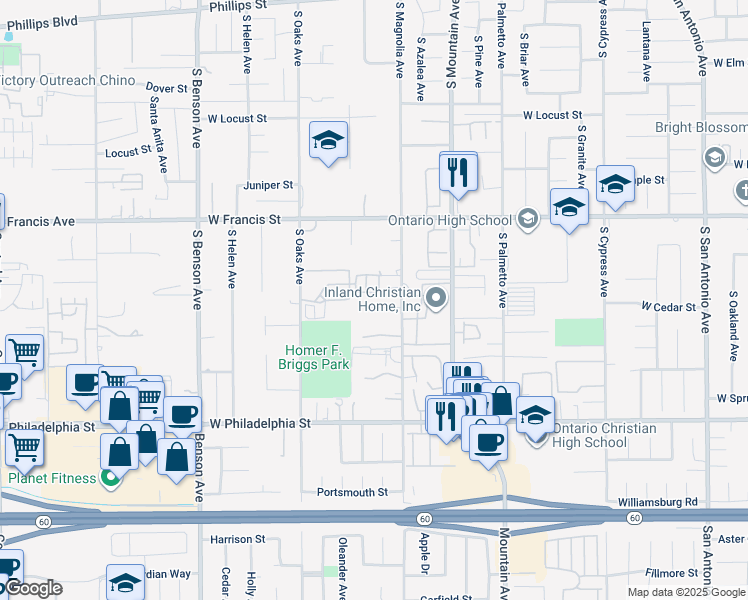 map of restaurants, bars, coffee shops, grocery stores, and more near 1234 Cedar Street in Ontario