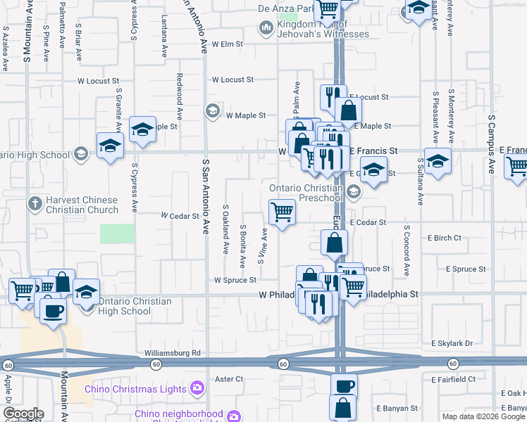 map of restaurants, bars, coffee shops, grocery stores, and more near 1943 South Vine Avenue in Ontario