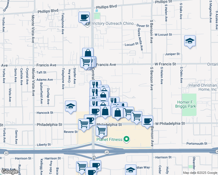 map of restaurants, bars, coffee shops, grocery stores, and more near 11857 Otsego Lane in Chino