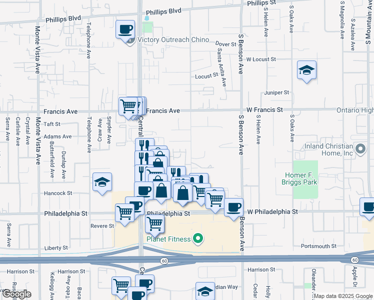 map of restaurants, bars, coffee shops, grocery stores, and more near 11857 Seneca Way in Chino