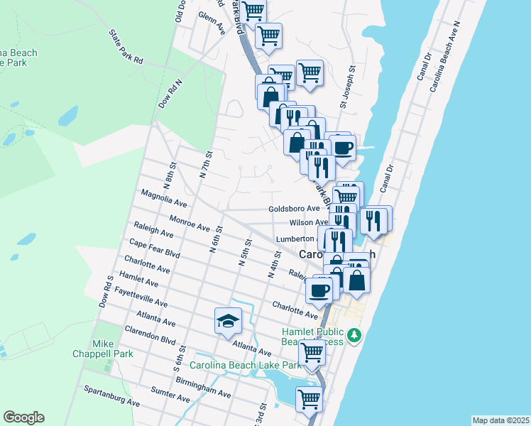 map of restaurants, bars, coffee shops, grocery stores, and more near 405 Goldsboro Avenue in Carolina Beach