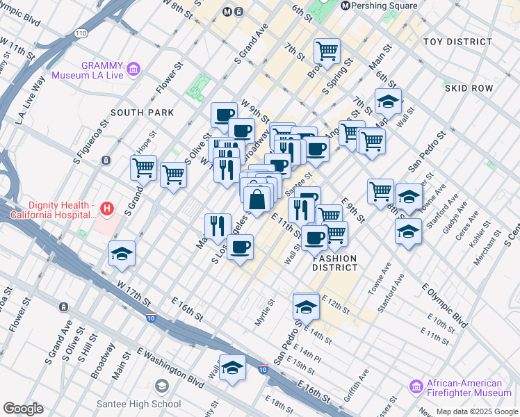 map of restaurants, bars, coffee shops, grocery stores, and more near 1104 South Los Angeles Street in Los Angeles