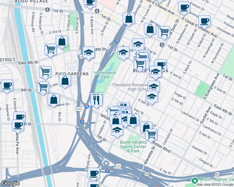map of restaurants, bars, coffee shops, grocery stores, and more near 612 South Chicago Street in Los Angeles