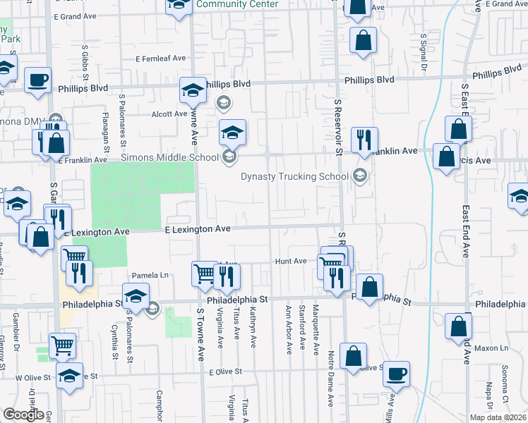 map of restaurants, bars, coffee shops, grocery stores, and more near 1839 South San Antonio Avenue in Pomona