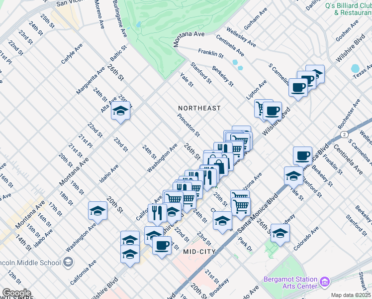 map of restaurants, bars, coffee shops, grocery stores, and more near 1028 26th Street in Santa Monica