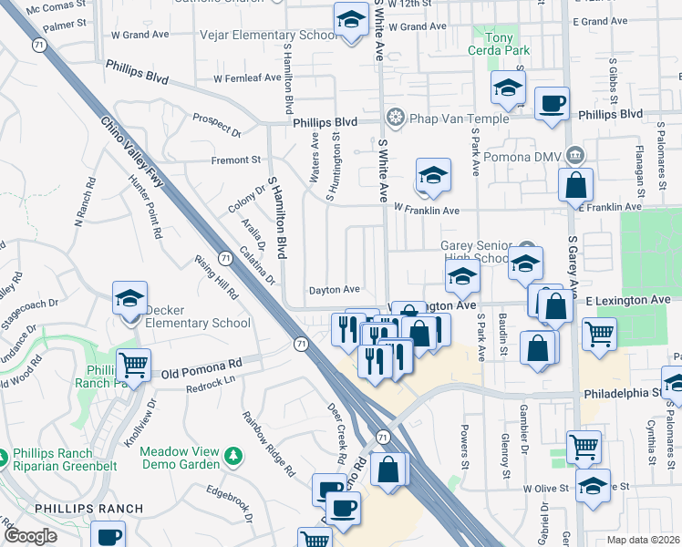 map of restaurants, bars, coffee shops, grocery stores, and more near 1839 Garland Street in Pomona