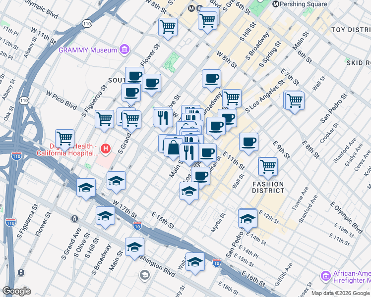 map of restaurants, bars, coffee shops, grocery stores, and more near 120 West 12th Street in Los Angeles
