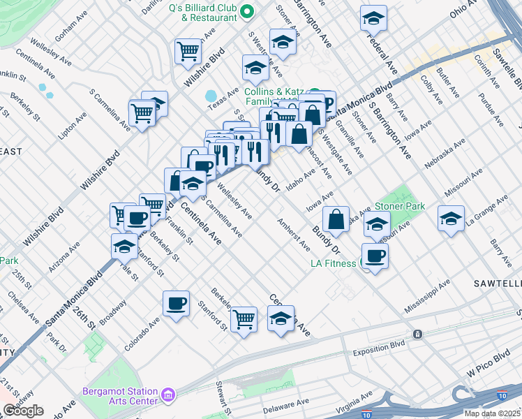 map of restaurants, bars, coffee shops, grocery stores, and more near 12211 Idaho Avenue in Los Angeles