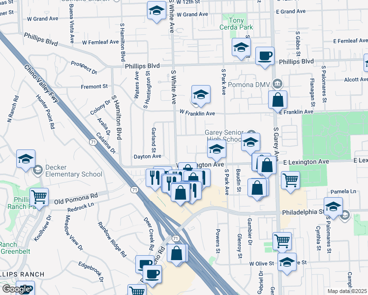 map of restaurants, bars, coffee shops, grocery stores, and more near 1849 Matthews Place in Pomona