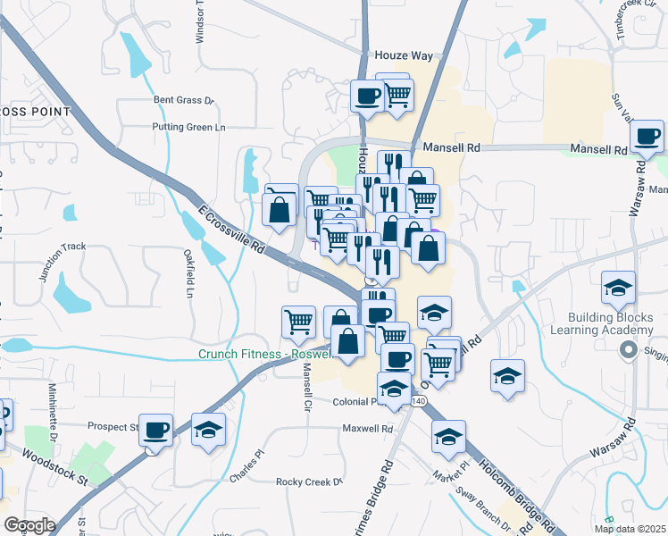 map of restaurants, bars, coffee shops, grocery stores, and more near 10490 Alpharetta Highway in Roswell