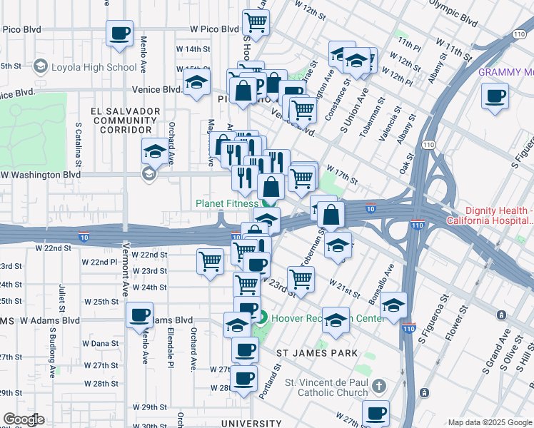 map of restaurants, bars, coffee shops, grocery stores, and more near 1122 West Washington Boulevard in Los Angeles