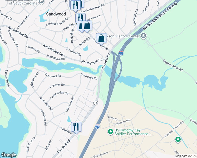 map of restaurants, bars, coffee shops, grocery stores, and more near 3301 Overcreek Road in Columbia