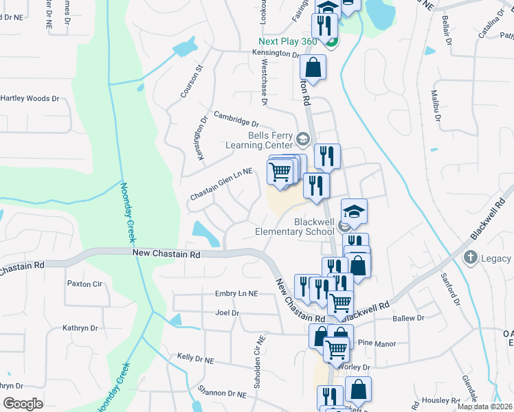map of restaurants, bars, coffee shops, grocery stores, and more near 3432 Chastain Glen Ln in Marietta
