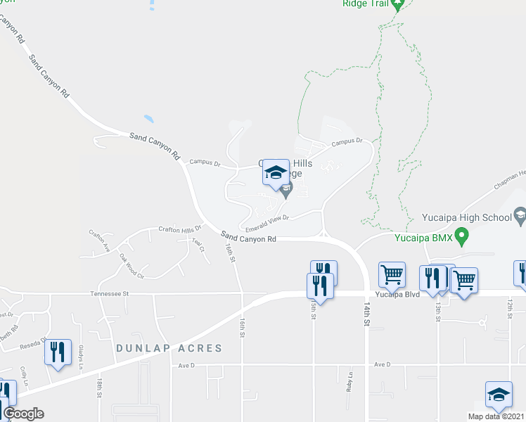map of restaurants, bars, coffee shops, grocery stores, and more near 11711 Sand Canyon Road in Redlands