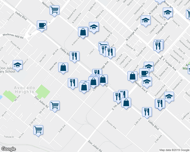 map of restaurants, bars, coffee shops, grocery stores, and more near 9 North Orange Avenue in City of Industry
