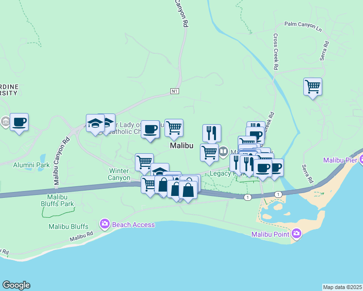 map of restaurants, bars, coffee shops, grocery stores, and more near in Malibu