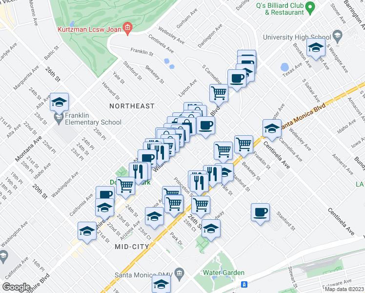 map of restaurants, bars, coffee shops, grocery stores, and more near 2838 Wilshire Boulevard in Santa Monica