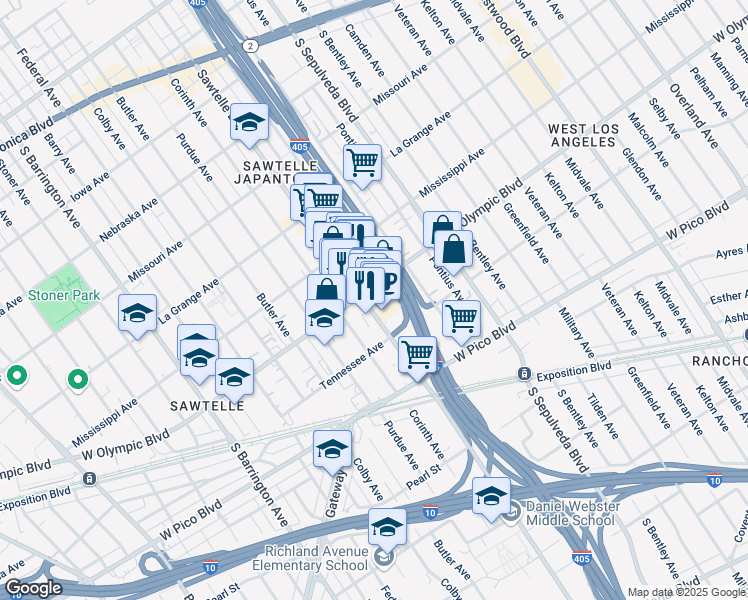 map of restaurants, bars, coffee shops, grocery stores, and more near 11270 West Olympic Boulevard in Los Angeles
