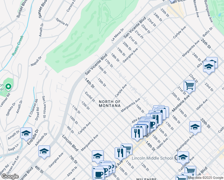 map of restaurants, bars, coffee shops, grocery stores, and more near 323 15th Street in Santa Monica