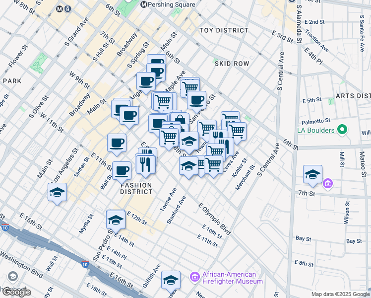 map of restaurants, bars, coffee shops, grocery stores, and more near 784 Crocker Street in Los Angeles
