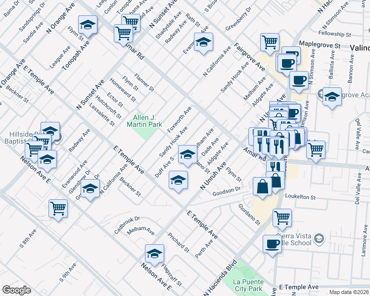map of restaurants, bars, coffee shops, grocery stores, and more near 14985 East Giordano Street in La Puente