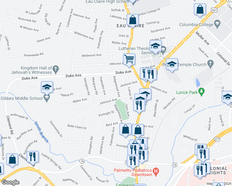 map of restaurants, bars, coffee shops, grocery stores, and more near 3905 Ridgewood Avenue in Columbia