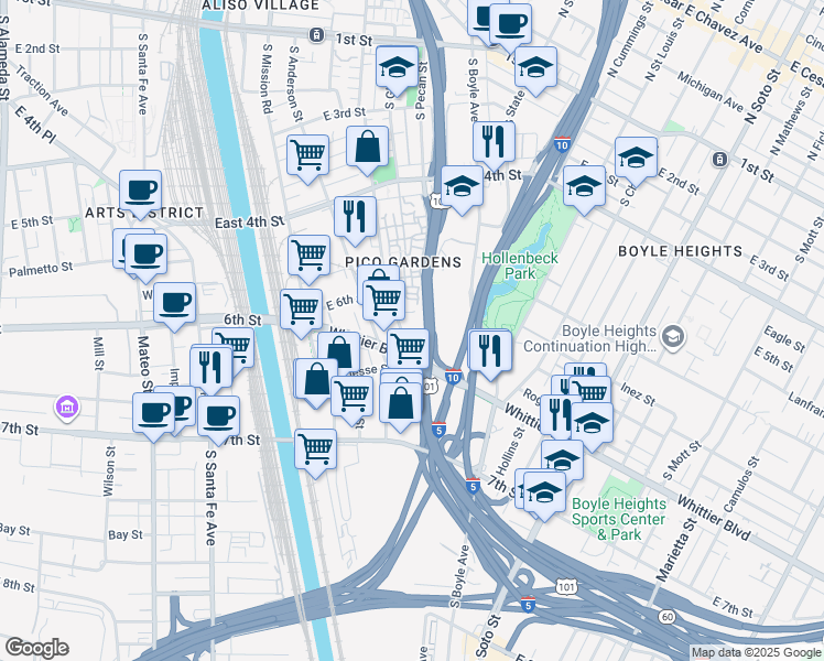 map of restaurants, bars, coffee shops, grocery stores, and more near 635 South Clarence Street in Los Angeles