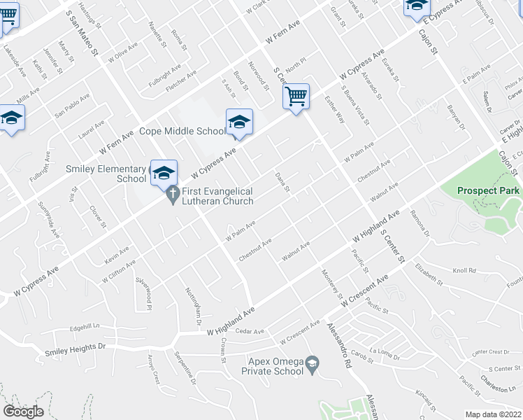 map of restaurants, bars, coffee shops, grocery stores, and more near 1034 West Palm Avenue in Redlands