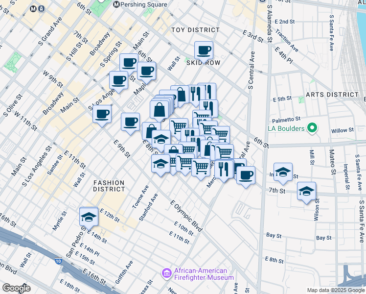 map of restaurants, bars, coffee shops, grocery stores, and more near 729 Gladys Avenue in Los Angeles