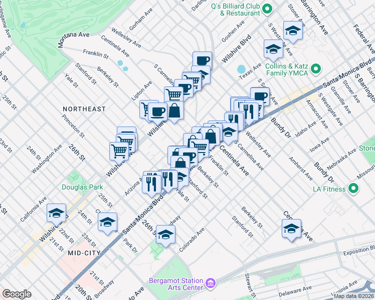 map of restaurants, bars, coffee shops, grocery stores, and more near 1327 Berkeley Street in Santa Monica
