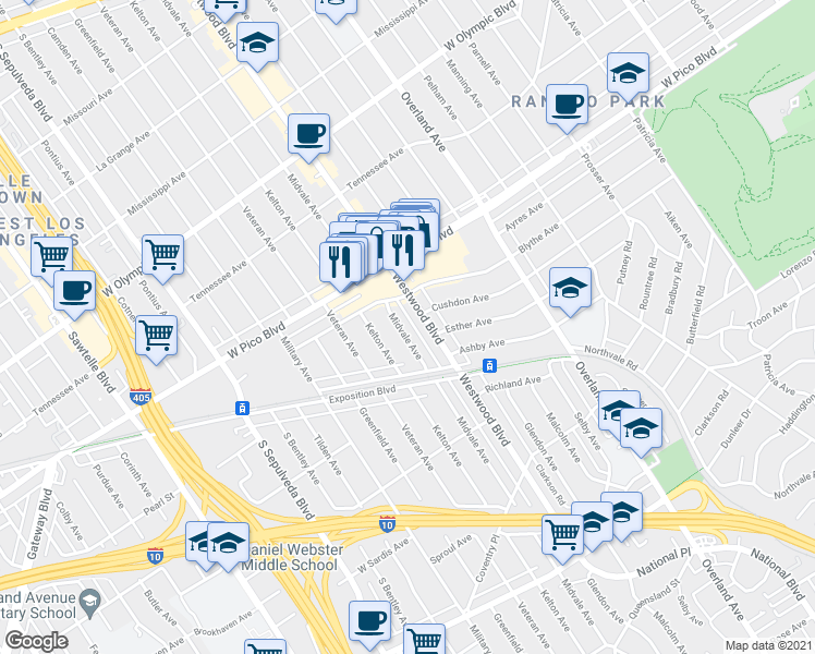 map of restaurants, bars, coffee shops, grocery stores, and more near 2536 Midvale Avenue in Los Angeles