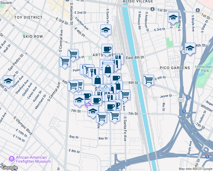 map of restaurants, bars, coffee shops, grocery stores, and more near 1380a East 6th Street in Los Angeles