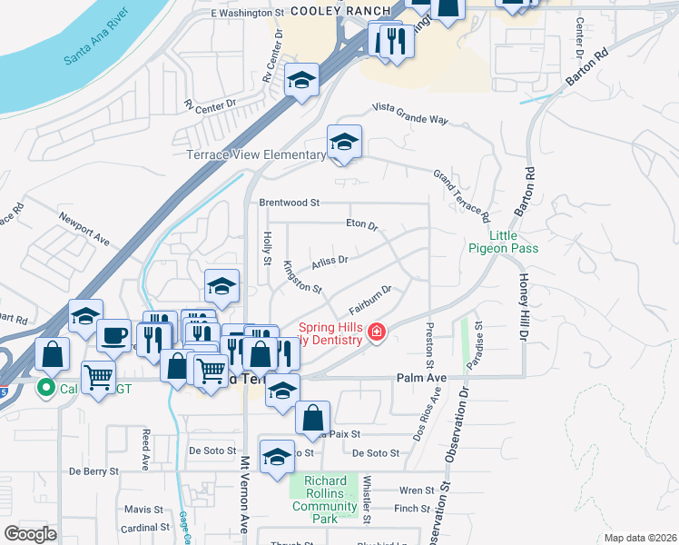 map of restaurants, bars, coffee shops, grocery stores, and more near 22675 Arliss Drive in Grand Terrace