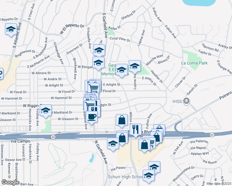 map of restaurants, bars, coffee shops, grocery stores, and more near 150 East Floral Drive in Monterey Park