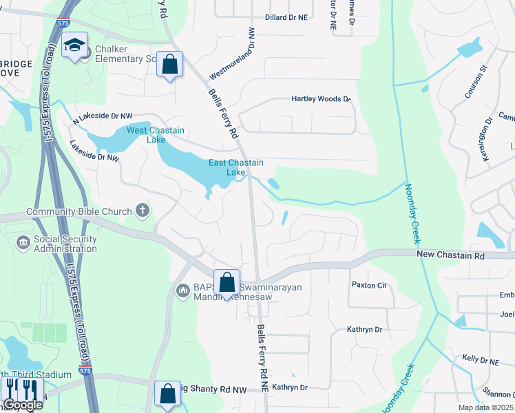 map of restaurants, bars, coffee shops, grocery stores, and more near 3547 Estates Landing Drive Northeast in Kennesaw