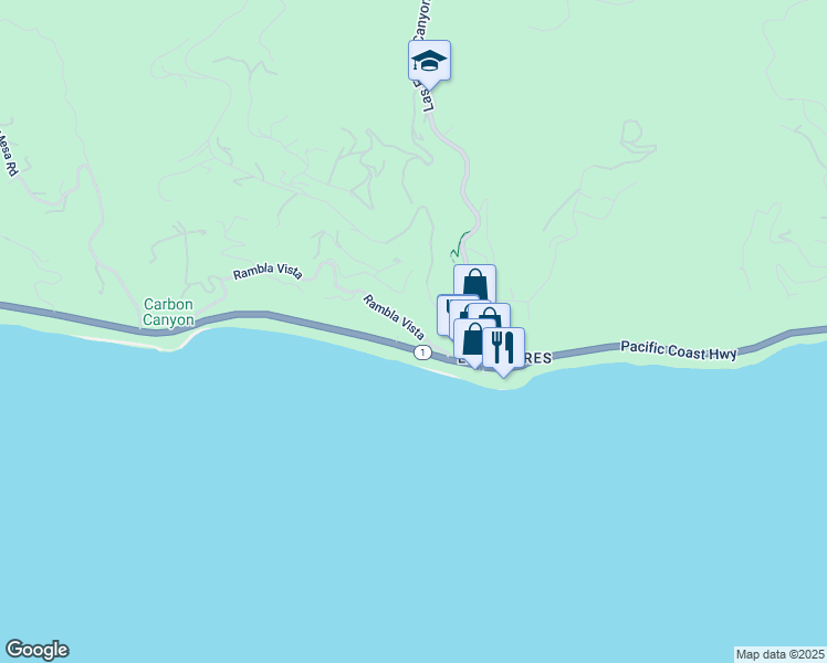 map of restaurants, bars, coffee shops, grocery stores, and more near 21344 Rambla Vista in Malibu
