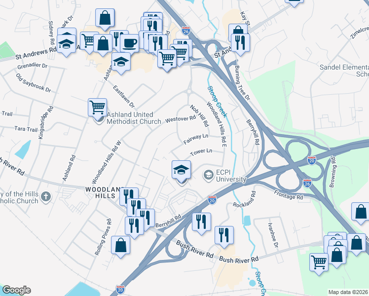 map of restaurants, bars, coffee shops, grocery stores, and more near 704 Fairway Lane in Columbia