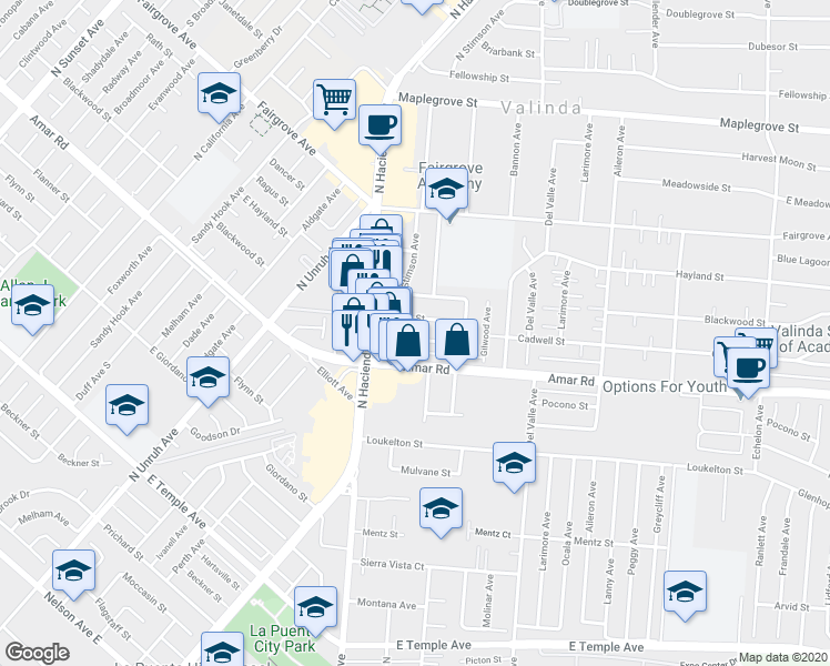 map of restaurants, bars, coffee shops, grocery stores, and more near 1033 Fickewirth Avenue in La Puente