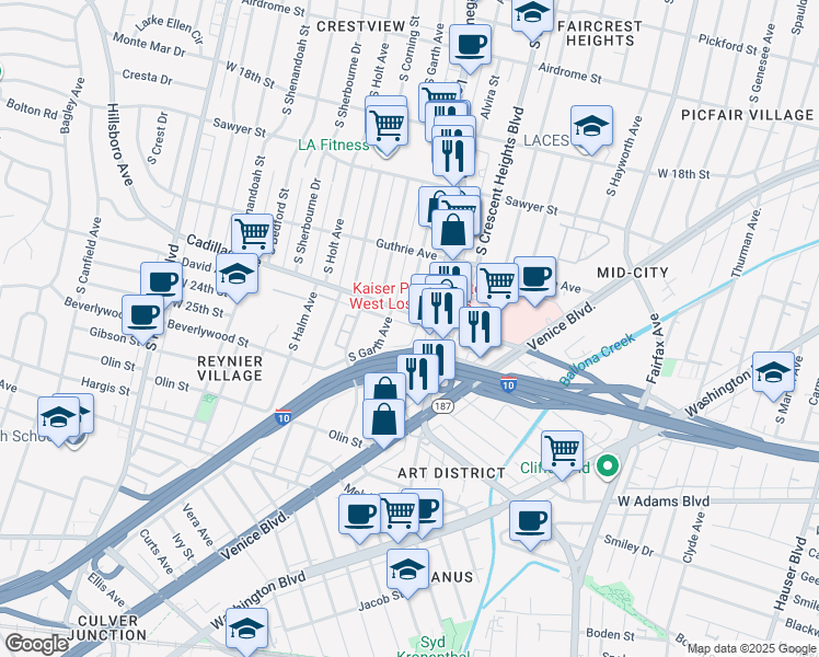 map of restaurants, bars, coffee shops, grocery stores, and more near 2315 Chariton Street in Los Angeles
