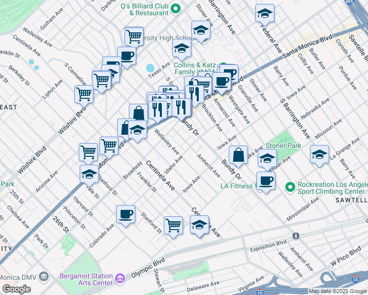 map of restaurants, bars, coffee shops, grocery stores, and more near 12211 Idaho Avenue in Los Angeles