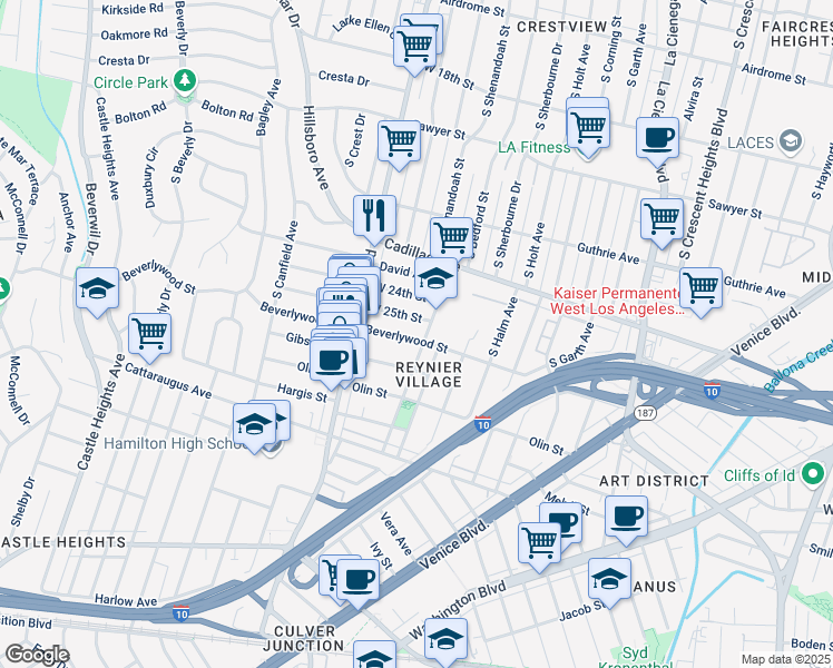 map of restaurants, bars, coffee shops, grocery stores, and more near 8911 Beverlywood Street in Los Angeles