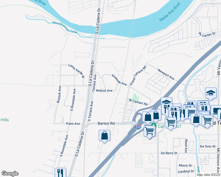 map of restaurants, bars, coffee shops, grocery stores, and more near 21804 Walnut Avenue in Grand Terrace