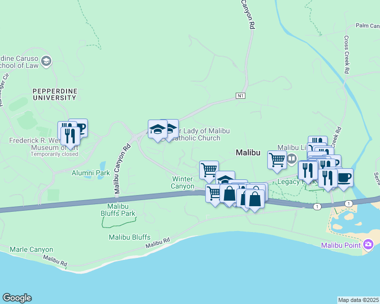 map of restaurants, bars, coffee shops, grocery stores, and more near 3525 Coast View Drive in Malibu